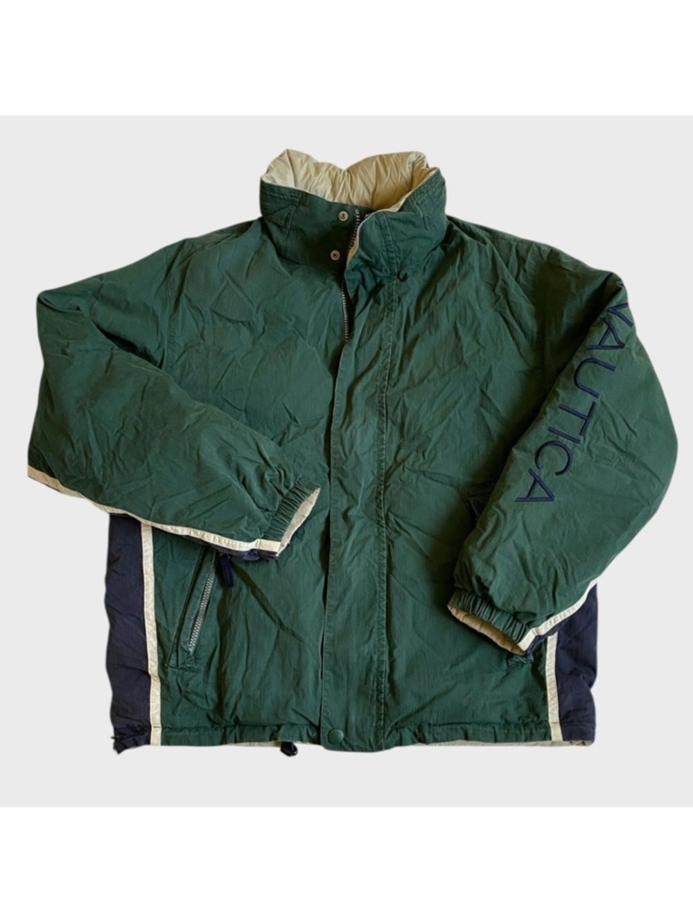 VTG Nautica Reversible Down Puffer Jacket Men's Sz L Full Zip Green Hooded *Flaw